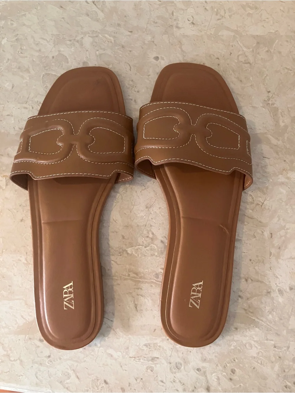 Zara Brown PU Leather Slide Sandals with Stitched Strap Detail - Picture 2 of 4